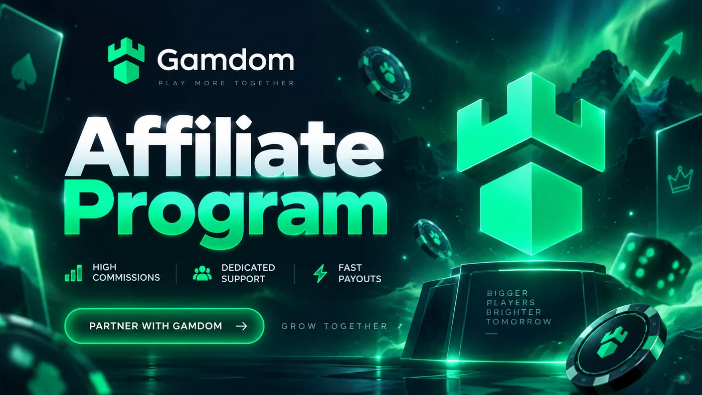 Gamdom affiliate program artwork with the Gamdom mark, casino chips and a partner with gamdom promotional call to action
