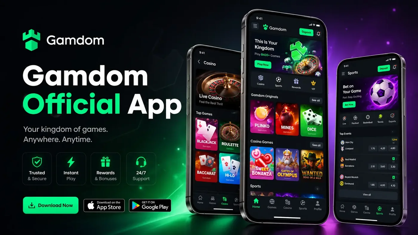 Gamdom official app promotional artwork showing three phones with the casino lobby, Originals row and sportsbook screens