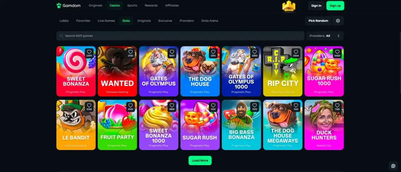 Gamdom slots catalogue showing Sweet Bonanza, Wanted, Gates of Olympus, The Dog House and other Pragmatic Play and Hacksaw Gaming titles