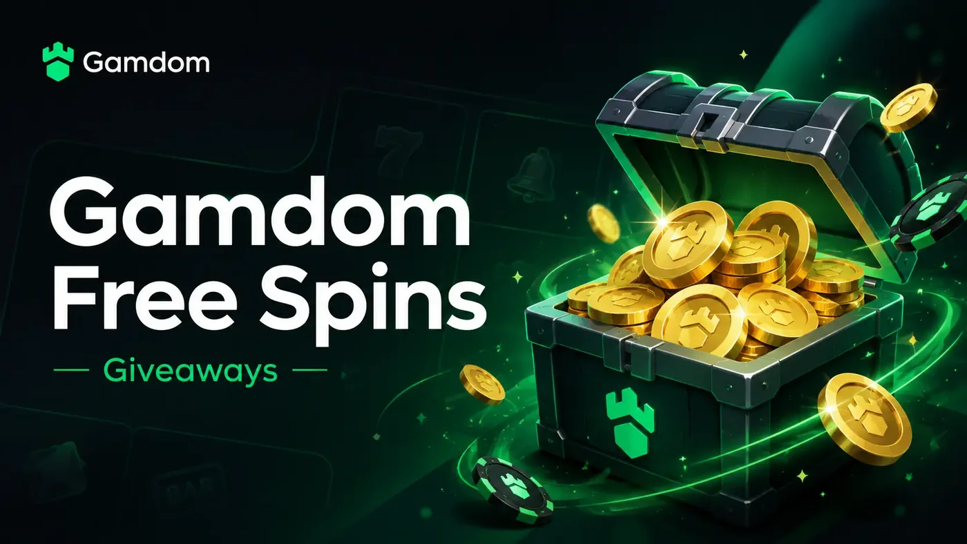 Gamdom free spins giveaway artwork showing an open treasure chest filled with gold Gamdom coins