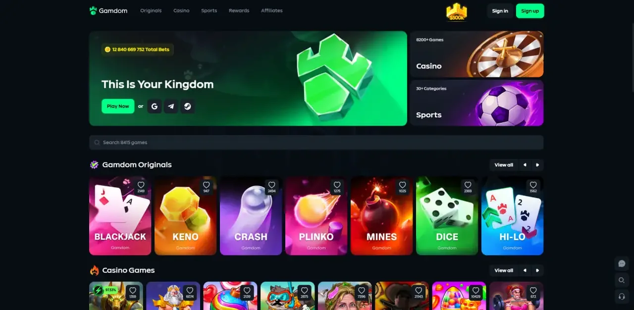 Gamdom casino lobby with the Originals row showing Blackjack, Keno, Crash, Plinko, Mines and Dice