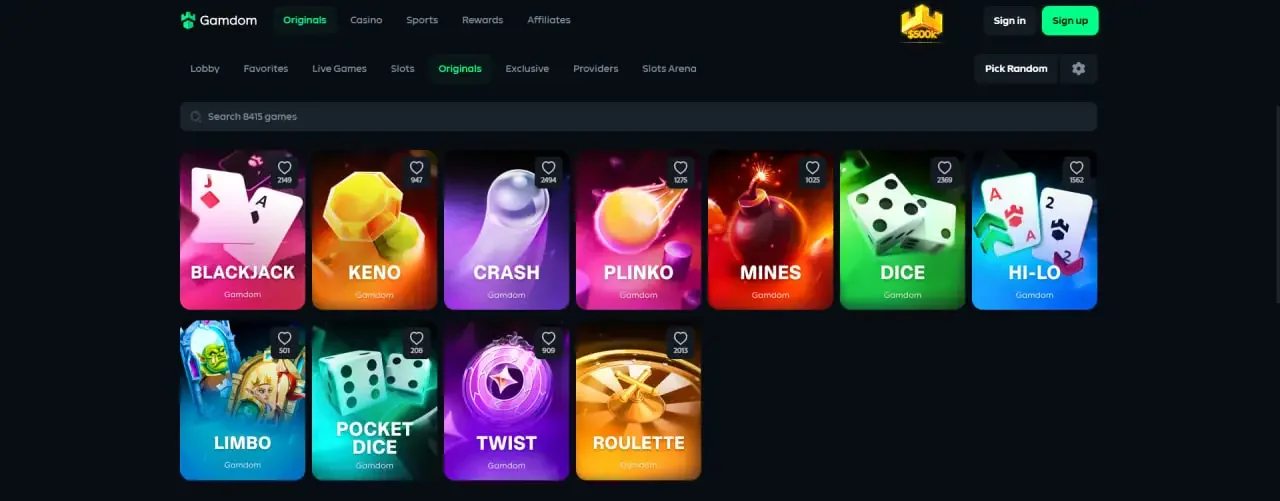 Gamdom Originals lobby grid with Blackjack, Keno, Crash, Plinko, Mines, Dice, Hi-Lo, Limbo, Pocket Dice, Twist and Roulette tiles
