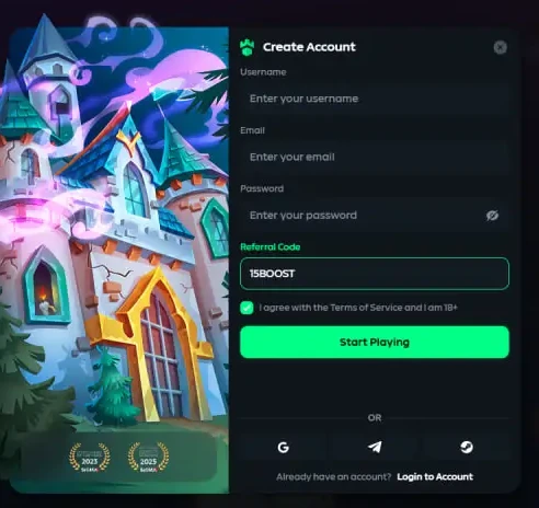 Gamdom Create Account panel with 15BOOST typed into the highlighted Referral Code field above the Start Playing button
