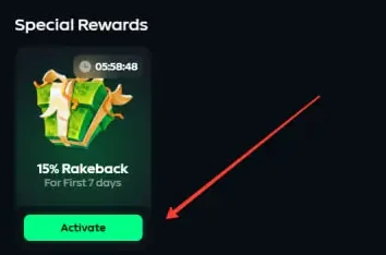 Gamdom Rewards page with the Special Rewards section showing a 15% Rakeback for first 7 days card and a green Activate button