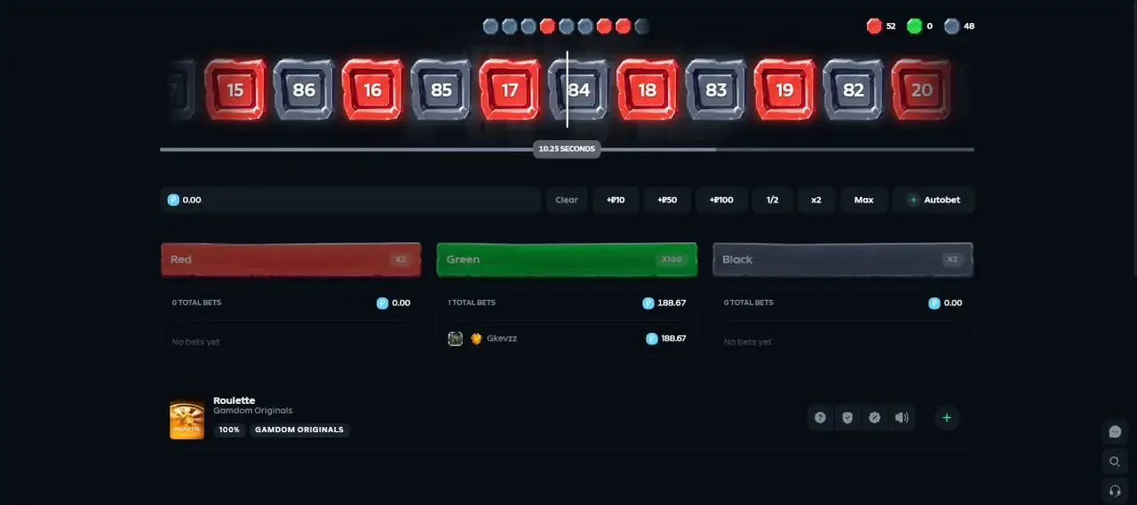 Gamdom Originals Roulette showing the red, green and black betting lanes with a countdown timer and recent results strip