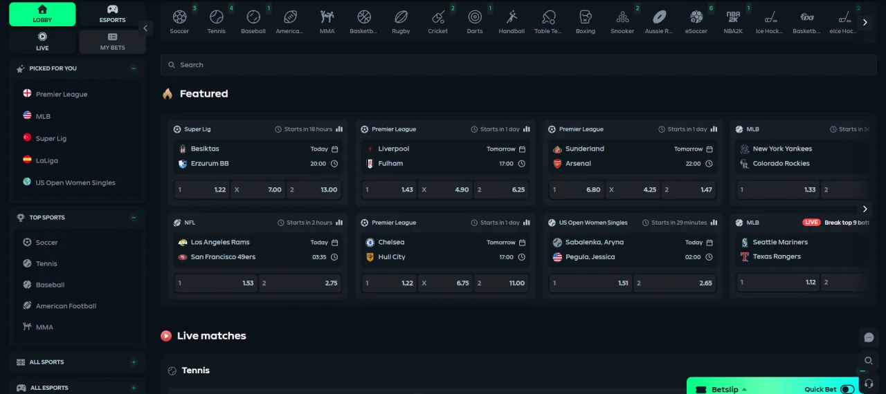 Gamdom sportsbook lobby showing featured soccer, NFL and MLB matches with odds