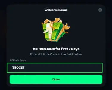 Gamdom Welcome Bonus dialog reading 15% Rakeback for first 7 Days with 15BOOST entered in the Affiliate Code field above a green Claim button